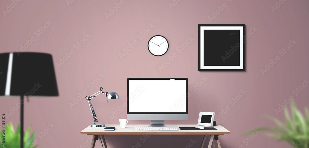 Computer display and office tools on desk. Computer display and office tools on desk.
