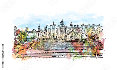 Barcelona, Spain. Watercolor splash with sketch in vector illustration.
