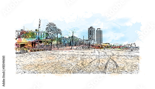 Barcelona, Spain. Watercolor splash with sketch in vector illustration.