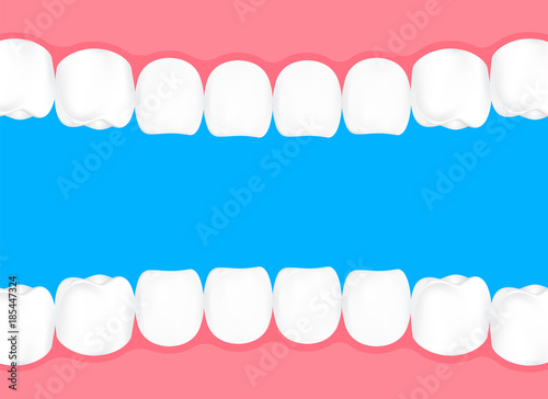 Human teeth in mouth. Info-graphic, dental care concept. Illustration isolated on blue background.