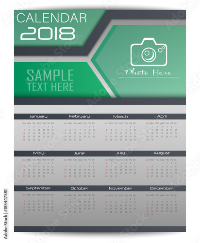 Calendar for 2018 Year. Design template with place for photo and week starts on monday