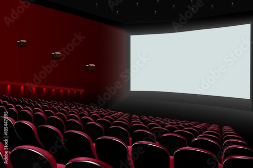 Cinema auditorium with red seats and white blank screen