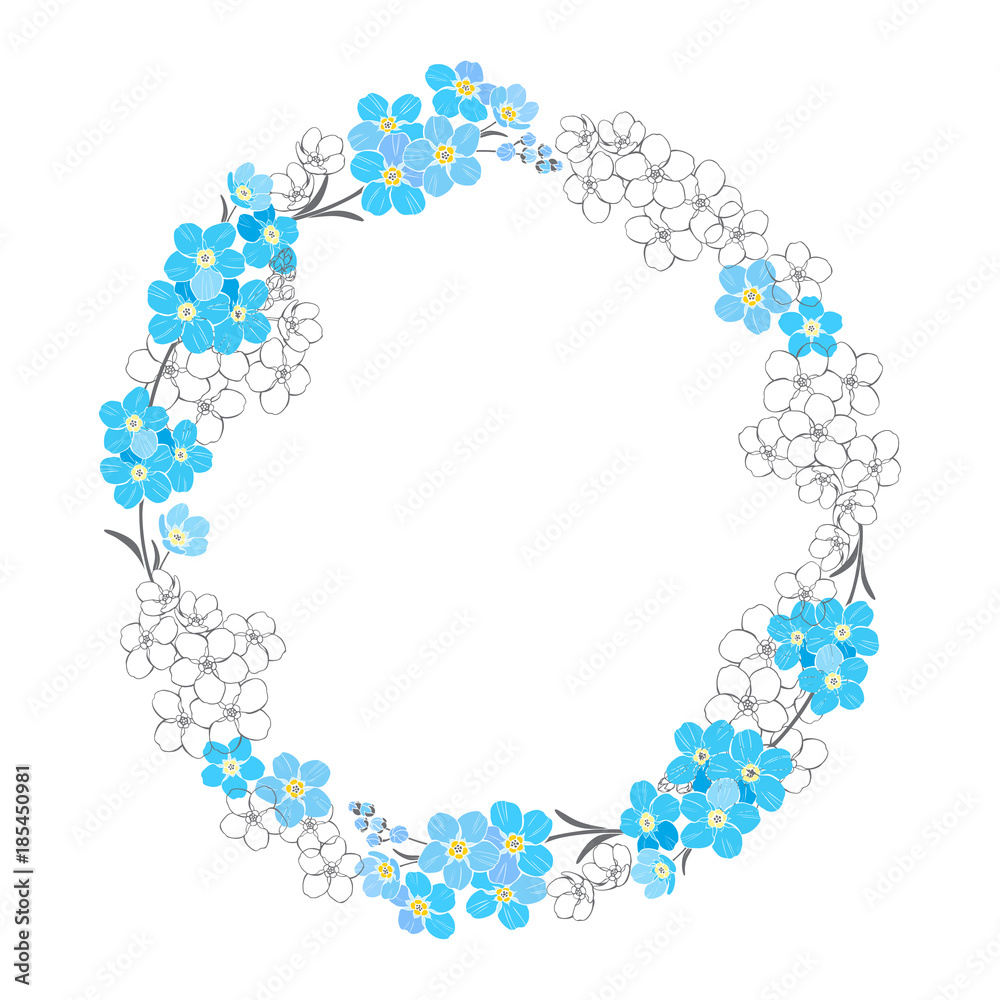 Round frame with forget-me-nots. Nature wreath. Vector illustration with space for text on a white background.Can be greeting cards, invitations, and design element. Round frame with forget-me-nots. Nature wreath. Vector illustration with space for text on a white background.Can be greeting cards, invitations, and design element.