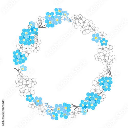 Round frame with forget-me-nots. Nature wreath. Vector illustration with space for text on a white background.Can be greeting cards  invitations  and design element.