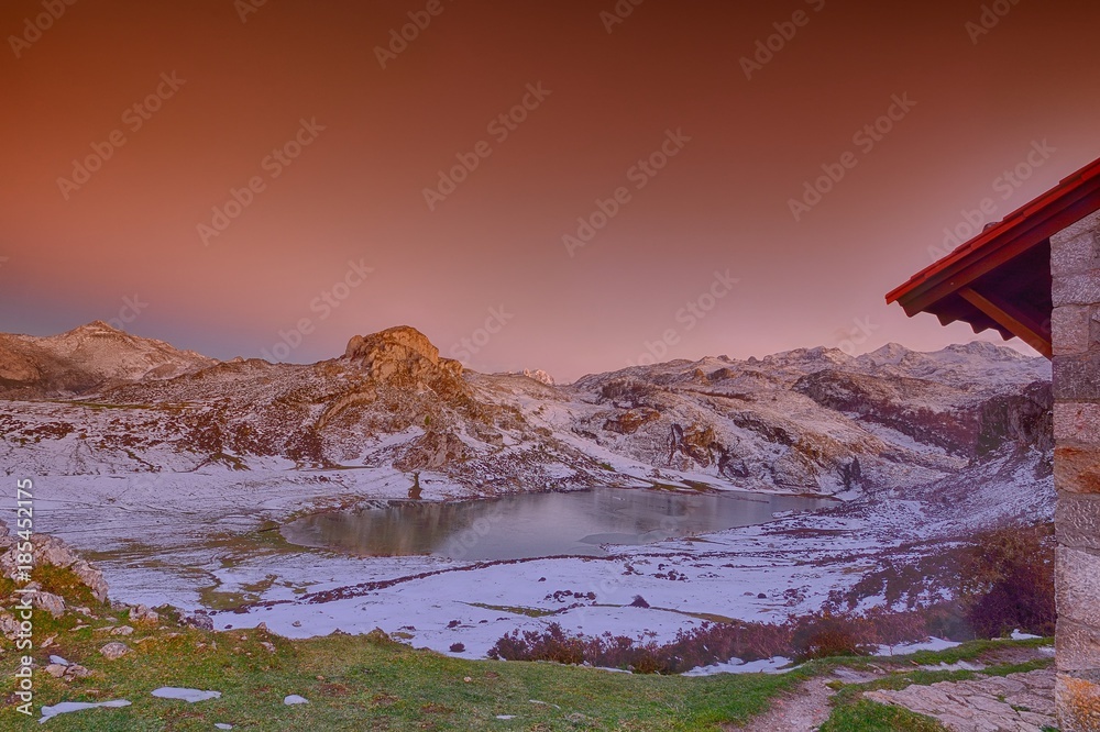 Panoramic view of Lake Ercina with snow in Asturias.