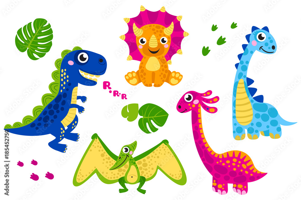 Plakat Set of cute vector dinosaurs isolated on white background. Cartoon dinosaurs, monster animal, dino, prehistoric character. Vector illustration