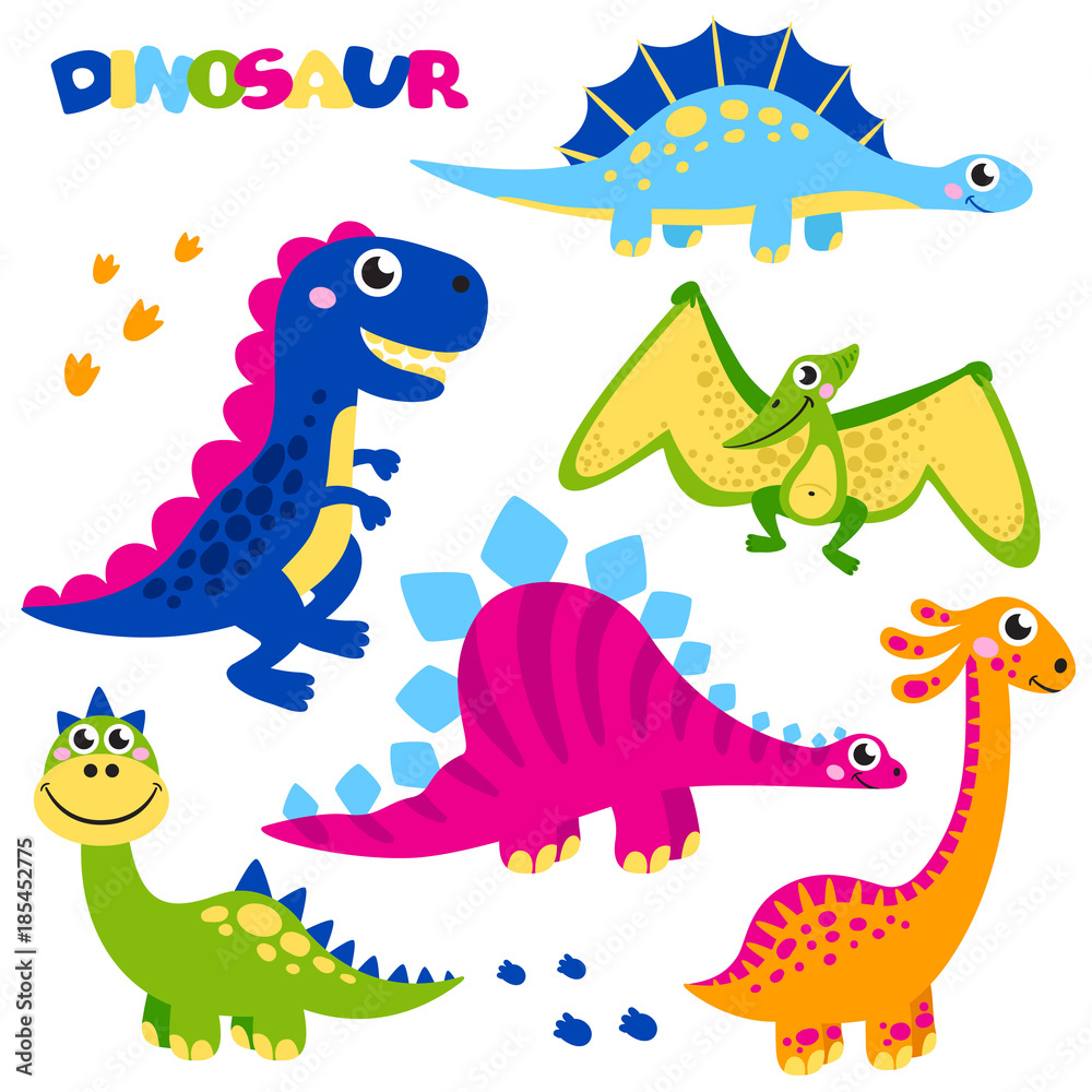 Fototapeta premium Set of cute vector dinosaurs isolated on white background. Cartoon dinosaurs, monster animal, dino, prehistoric character. Vector illustration
