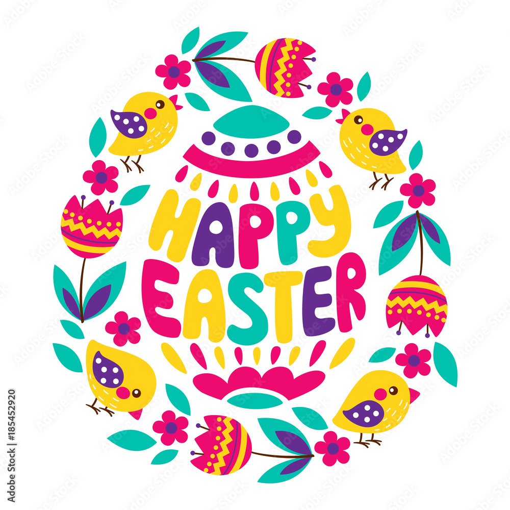 Happy Easter colorful lettering with flower, tulips and chick. Greeting card text templates with Easter eggs isolated on white background. Happy easter lettering