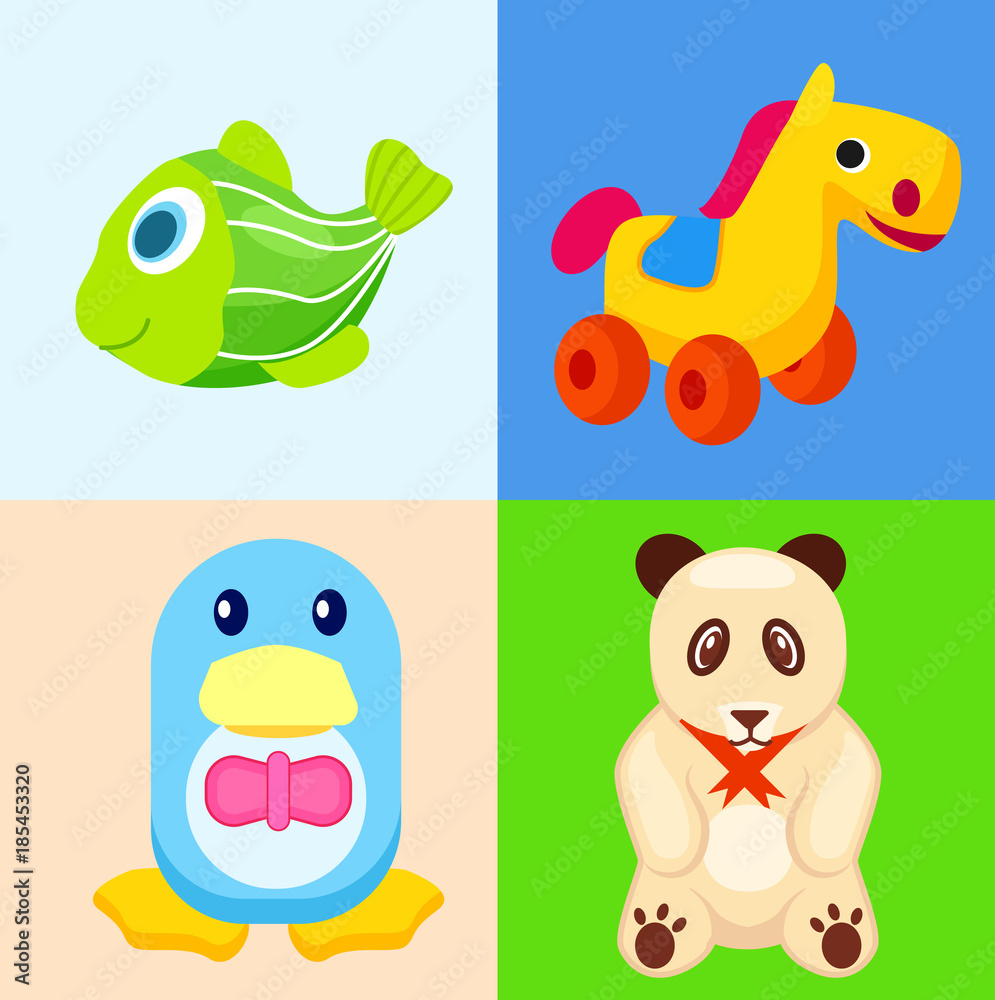 Funny Animal Toys in Colored Squares Illustrations Funny Animal Toys in Colored Squares Illustrations