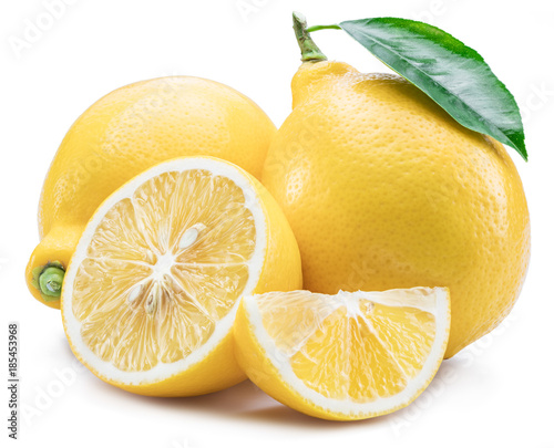 Lemon fruits and lemon slices on white background.