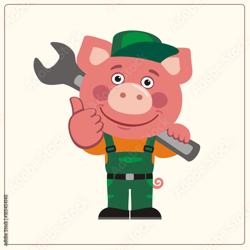 Funny pig in wearing overalls with the large wrench on her shoulder. Mechanic pig in cartoon style shows like.
