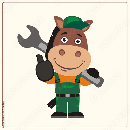 Funny horse in wearing overalls with the large wrench on her shoulder. Mechanic horse in cartoon style shows like.