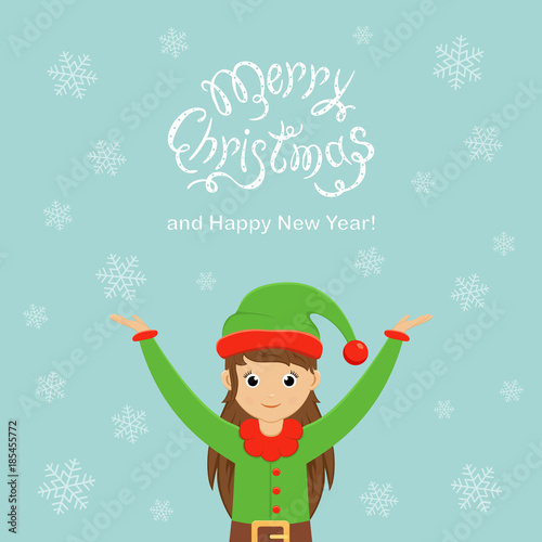 Cute elf and text Merry Christmas and Happy New Year on a blue background