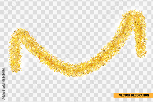 Christmas festive traditional decorations golden lush tinsel. Xmas Detailed wide ribbon garland isolated. Holiday realistic decor element. Curved festive frippery. Vector decoration for holiday design photo