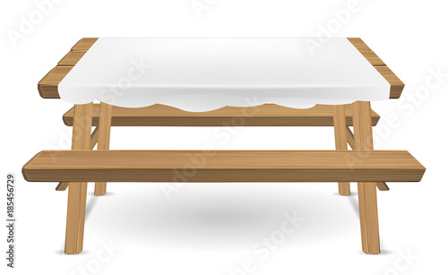 wood picnic table with white tablecloth vector