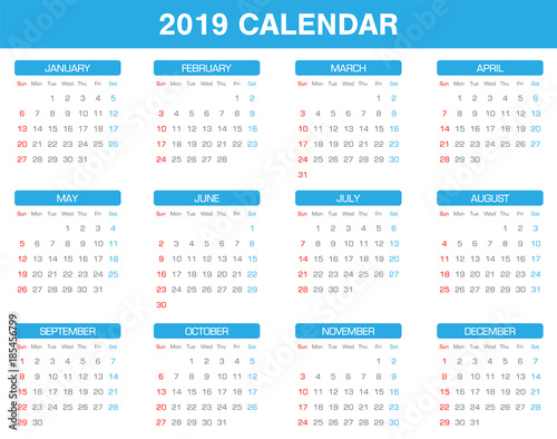 simple 2019 year calendar set of all month