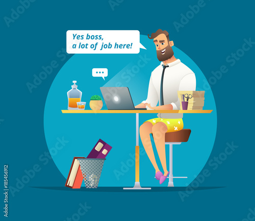 Home worker lies to his boss that he has a lot of job. Man sitting at the desk and chatting on his laptop. Fanny cartoon character design.