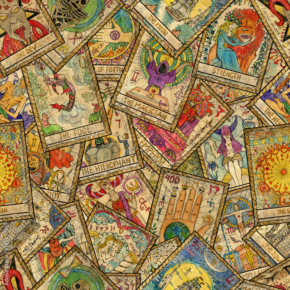 Seamless pattern with old colorful Tarot cards in chaotic layout. Occult, esoteric, divination and wicca concept. Mystic and vintage astrology background for antique decorations, scrapbooking