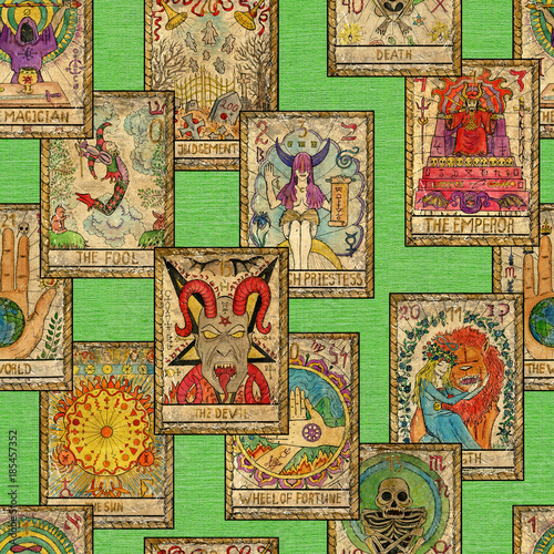 Seamless pattern with old Tarot cards on green background. Occult, esoteric, divination and wicca concept. Mystic and vintage astrology background for antique decorations, scrapbooking