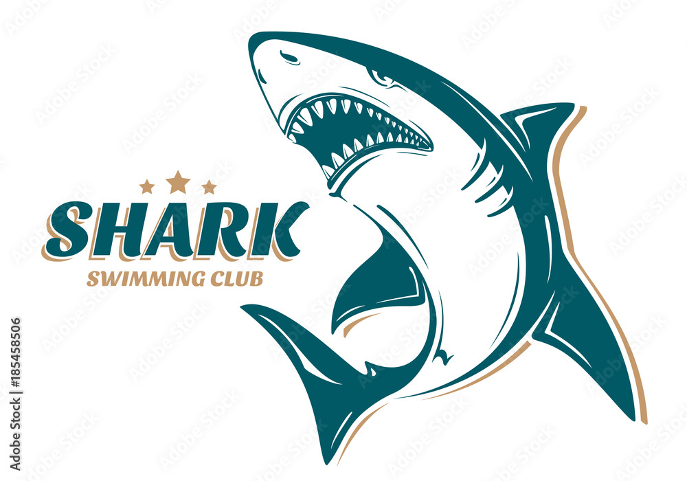 Naklejka premium Angry shark logo for swimming club. Perfect to use for printing on tshirts, mugs, caps or other advertising design