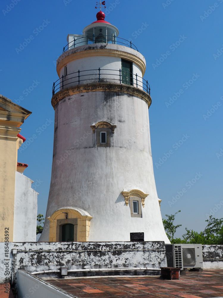 A front view of the lighthouse at the Guia Fortress in Macau.