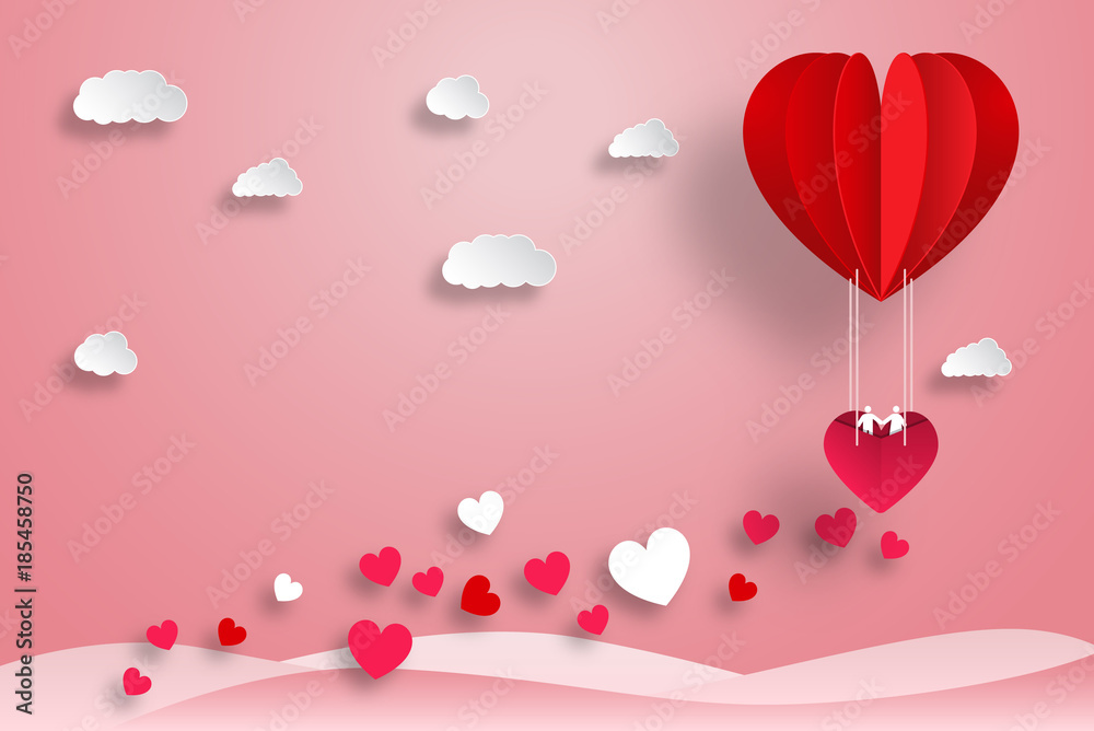 Valentine's day abstract background with red paper hearts. Valentines day with paper cut red heart shape balloon flying and hearts decorations in white background. Vector illustration.