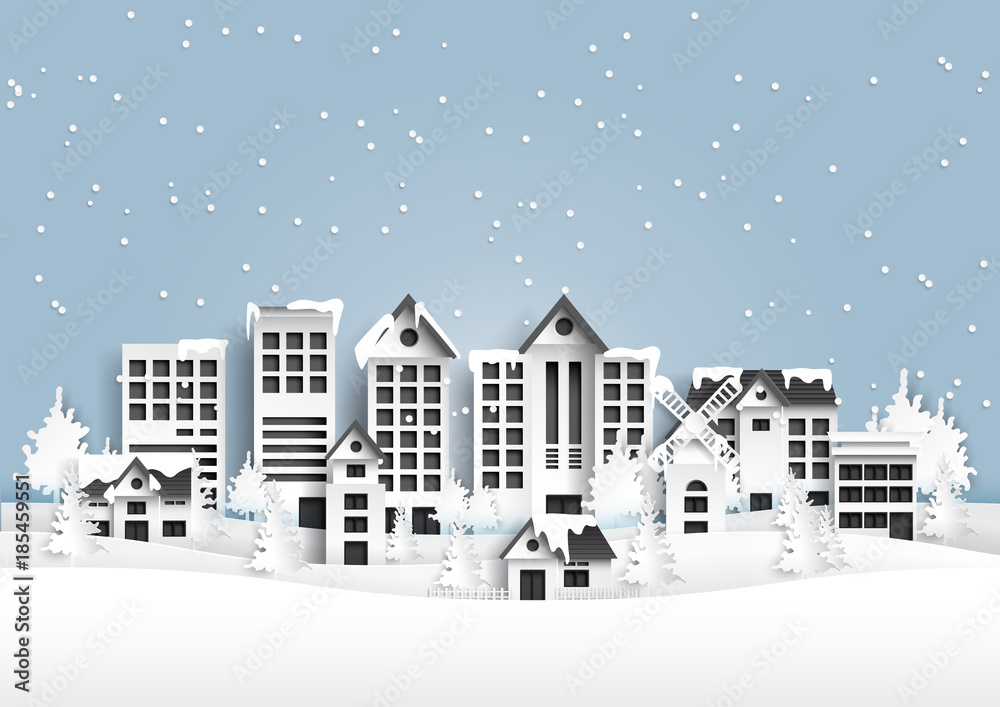 Urban cityscape and nature scene on snow winter background.For merry christmas and happy new year paper art style.Vector illustration.