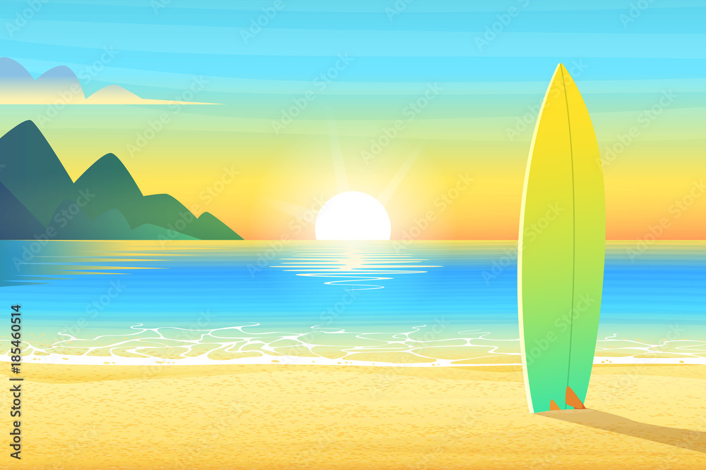 Surf board on a sandy beach. Sunrise or sunset, sand on bay and the  mountain wonderful sun shines. Cartoon vector illustration. Stock Vector |  Adobe Stock
