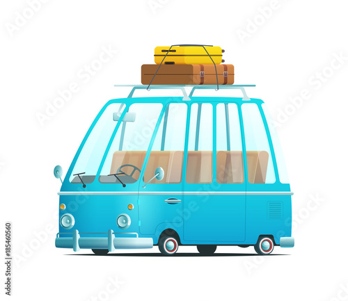 Holiday cartoon travel bus with luggage on the roof.