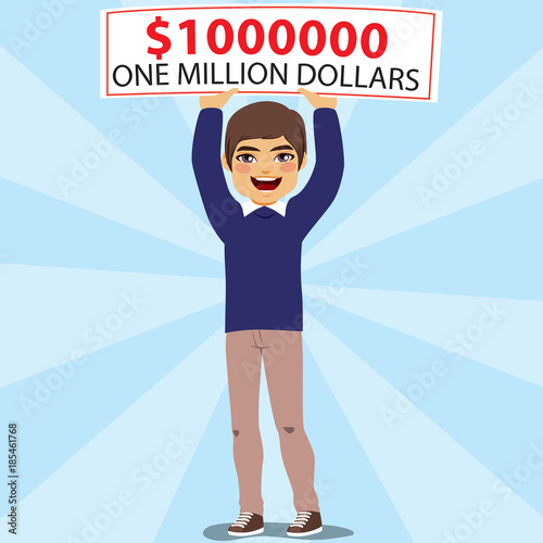 Young happy excited man holding big one million dollar check banner winning lottery
