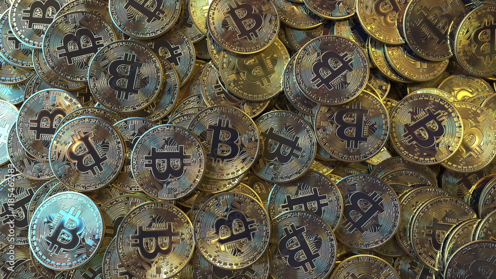Big pile of bitcoin tokens. 3D rendering