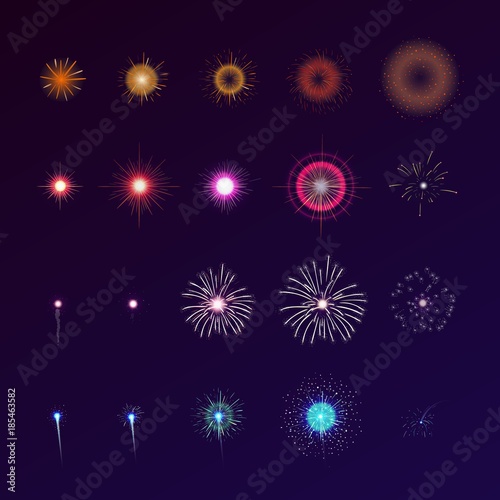 Set of fireworks bursting in sky. Collection of festive bright colored flashi...