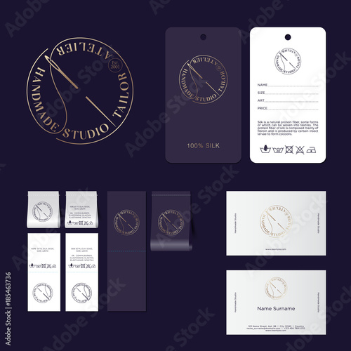 Tailor studio logo. Atelier emblems. Letters and a needle with a thread in a circle. Identity, labels, tags and business cards