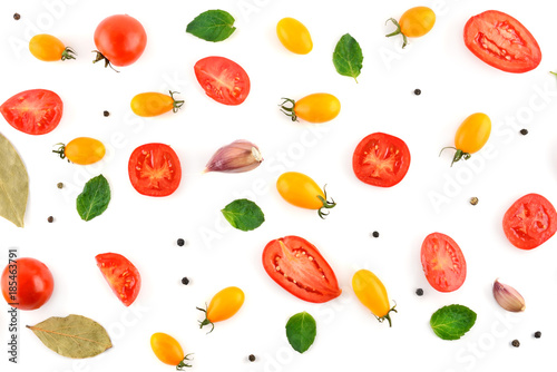Fototapeta Naklejka Na Ścianę i Meble -  Tomatoes and spices isolated on white background.Flat lay, top view.