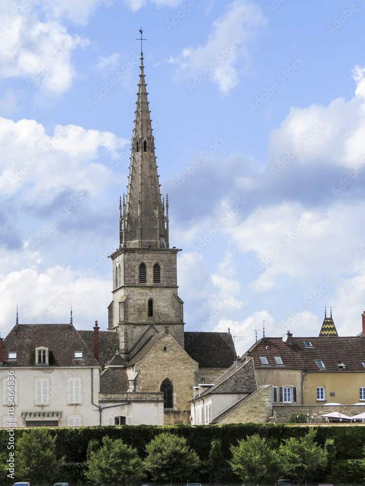 Meursault, Burgundy, France -view of the bell-tower in Meursault in the Cote d Or department in Burgundy in eastern France