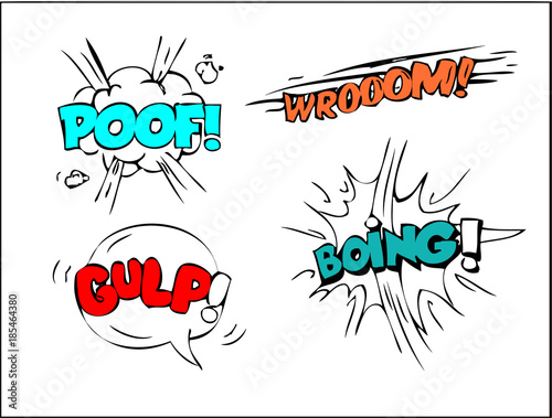 Comic speech bubbles set with different emotions and text Poof, Wroom, Gulp, Boing . photo