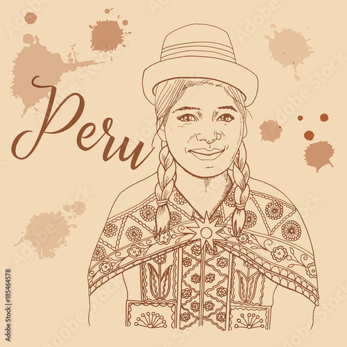 Peruvian girl retro style travel poster postcard hand drawn sketch