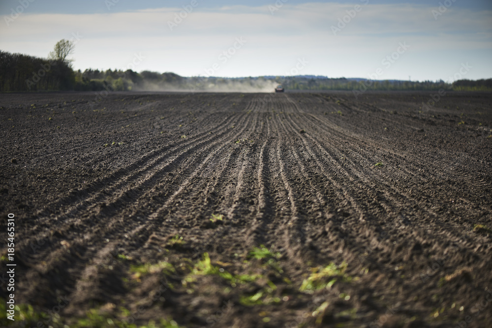Red tractor plow field Red tractor plow field