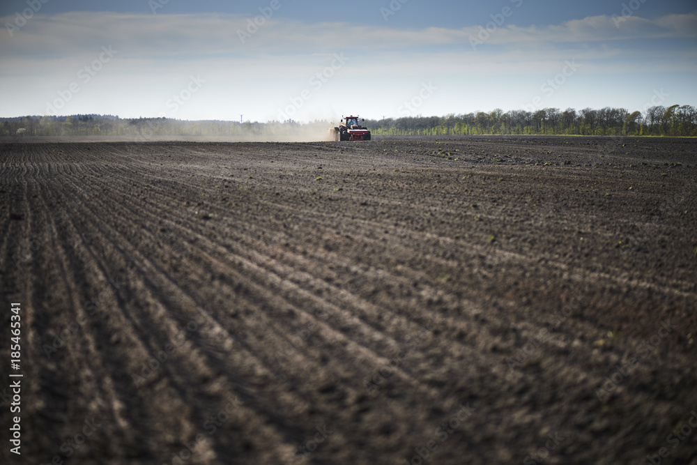 Fototapeta premium red tractor plowing a field
