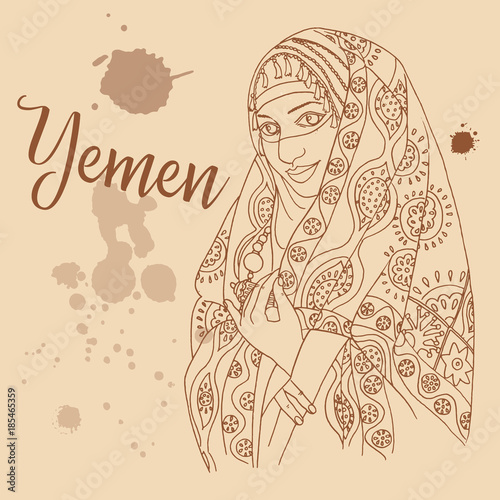 Yemeni girl retro style travel poster postcard hand drawn sketch