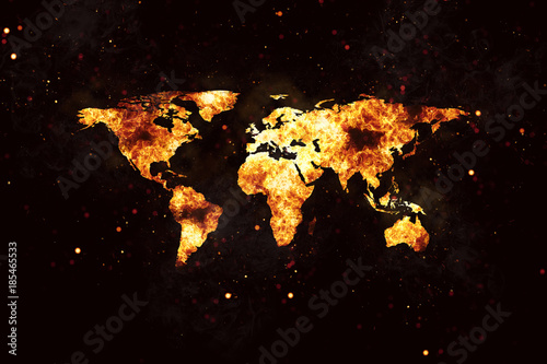 World Map Realistic Burning Fire Flames on Black