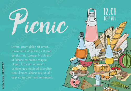 Hand drawn banner, poster, picnic announcement or invitation template with traditional wicker basket for outdoor dining, delicious food lying on cloth and place for text. Colorful vector illustration.