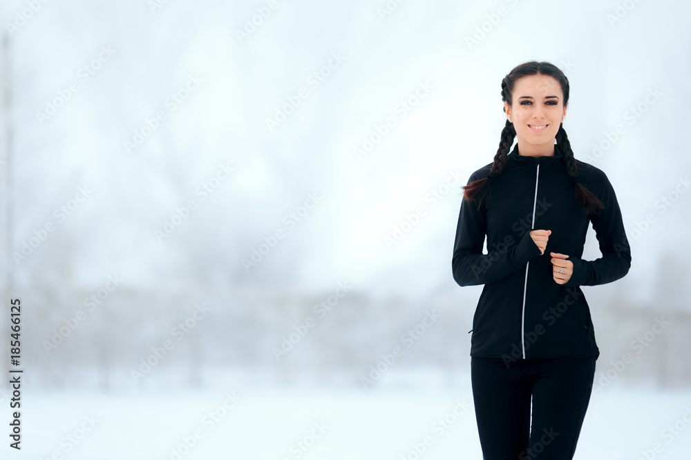 Winter Running Woman Exercising Outside Training Cardio in Cold Season