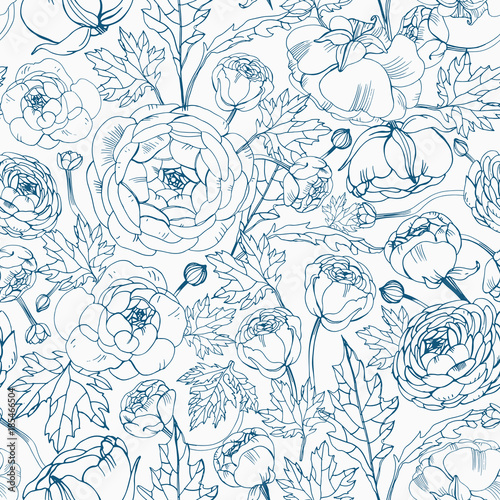 Photo Floral seamless pattern with blooming ranunculus flowers, buds and leaves hand drawn with blue contour lines on white background