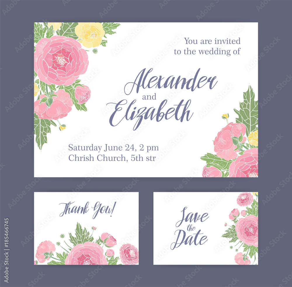 Set of wedding invitation, Save The Date card and Thank You note templates decorated with gorgeous blooming pink and yellow ranunculus flowers, buds and leaves. Elegant floral vector illustration.