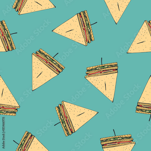 Seamless pattern with tasty club sandwiches pierced with cocktail stick on blue background. Delicious snack, appetizing fast food meal. Hand drawn vector illustration for backdrop, fabric print.