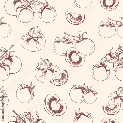 Seamless pattern with whole and cut tomatoes hand drawn with contour lines on...
