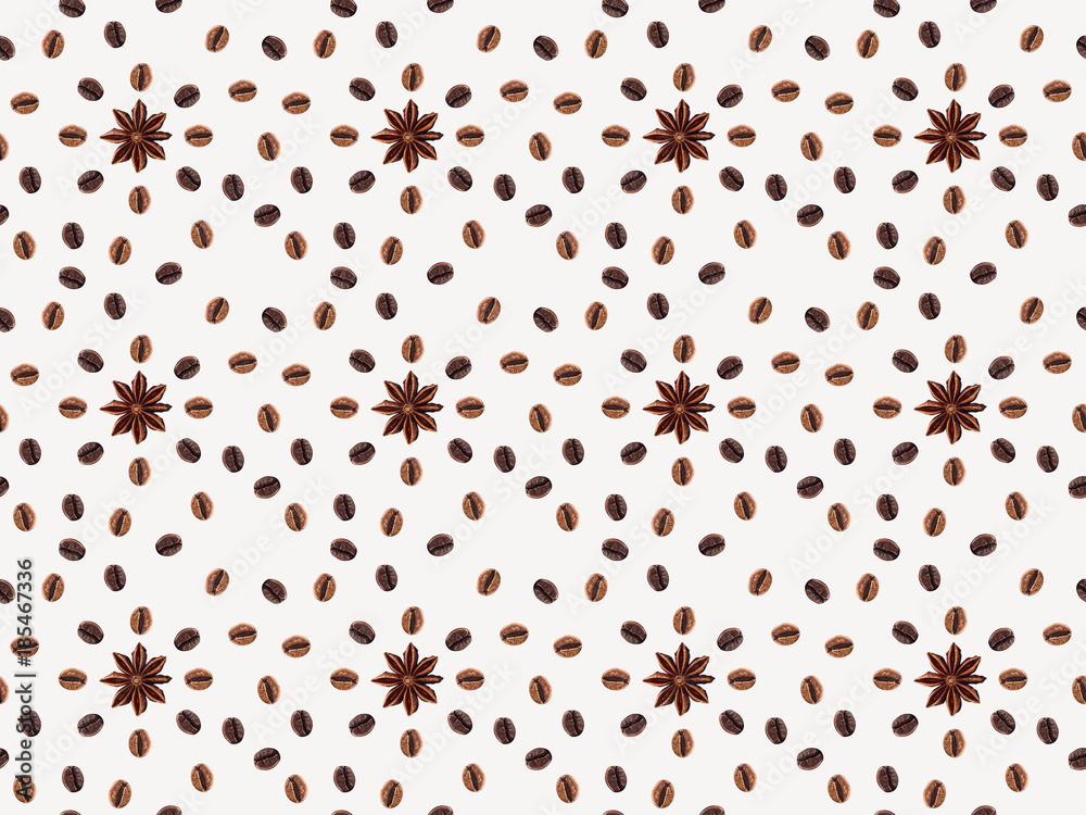 top view of seamless pattern with coffee beans and anise stars isolated on white