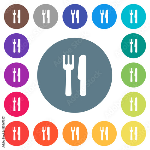 Cutlery flat white icons on round color backgrounds