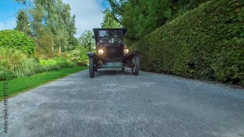 Driving with American oldtimer along nicely shaped hedge that separates gorgeous flower park by a mixed forest. photo